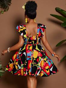 Maweii 大码女式夏季度假风格甜心领荷叶边袖花卉印花腰部修身喇叭裙