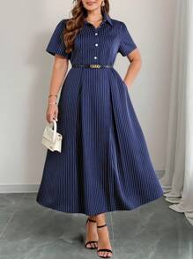 SHEIN Clasi Plus Size Women Navy Blue Striped Collared Short Sleeve A-Line Work Commute Dress,4th Of July Dress,4th Of July Outfits,Professional Women Clothes,Summer Outfits For Women,Summer Dresses For Women, ,Graduation Dress 4th Of July Dress,Summer Dresses,Elegant Dresses For Women,Modest Dresses For Women,Dresses For Women Party,Semi Formal Dress Women,Vacation Outfits Woman,Navy Blue Dress Women, Holiday Outfits,Office Outfits For Women,