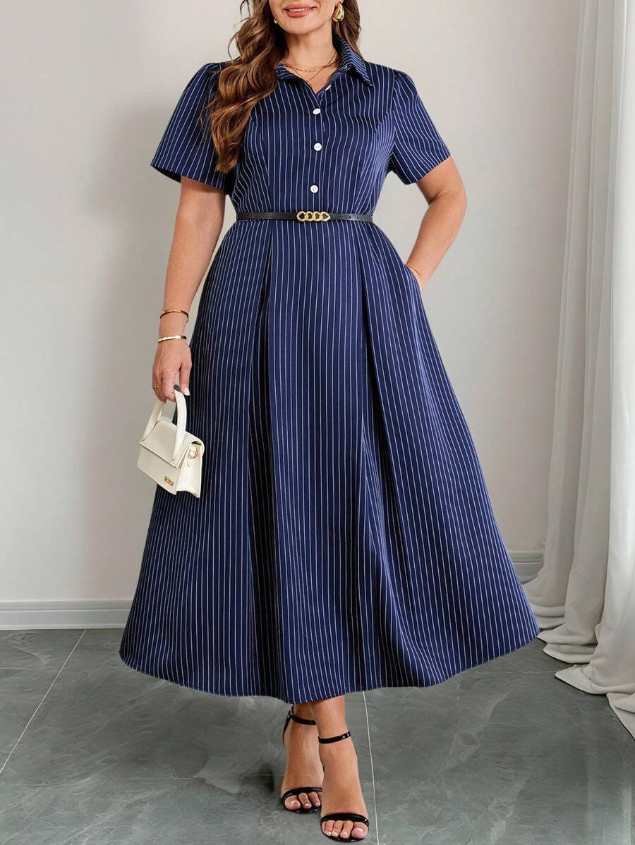 SHEIN Clasi Plus Size Women Navy Blue Striped Collared Short Sleeve A-Line Work Commute Dress,4th Of July Dress,4th Of July Outfits,Professional Women Clothes,Summer Outfits For Women,Summer Dresses For Women, ,Graduation Dress 4th Of July Dress,Summer Dresses,Elegant Dresses For Women,Modest Dresses For Women,Dresses For Women Party,Semi Formal Dress Women,Vacation Outfits Woman,Navy Blue Dress Women, Holiday Outfits,Office Outfits For Women,