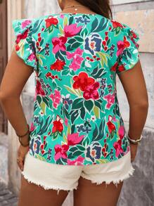 SHEIN VCAY 大码女式时尚印花盖袖夏季衬衫 - 彩色 - 查看 2