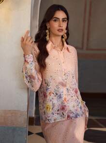 ZEYLAH 2 pièces Ensemble tenue à manches longues de style vacances avec imprimé dentelle pour le printemps/été - Multicolore - Voir 4