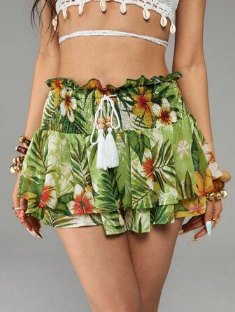 ROMWE Avant Jupe courte en mousseline de soie à taille basse style Y2K, motif de feuilles tropicales et d'hibiscus, pour femmes