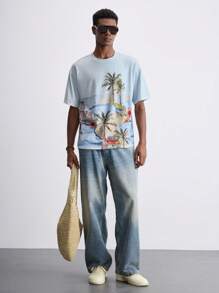 Maija 2025 Sommer Neu Tropischer Regenwald Hawaii Resort Stil Palmenbaum Muster Rundhals Kurzarm Pullover Herren T-Shirt, modern elegant lässig Büro Pendeln Alltagstragen, passend für Hochzeitsgäste, Angestellte, Flughafen, Strandurlaub, Konzert, Party und andere Anlässe