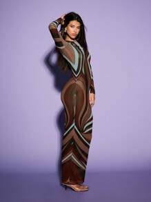 KIZN 薄纱长袖印花网纱长裙