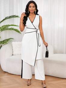 SHEIN Unity 2 pièces Ensemble blouse et pantalon large à design asymétrique chic pour femmes, mode d'été