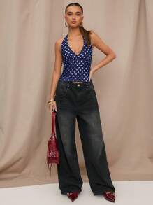 SHEIN BAE Áo yếm họa tiết chấm bi thường ngày, thích hợp cho bữa sáng muộn, dạo phố, hẹn hò, đi làm, du ngoạn, Ibiza, mùa hè - Màu xanh hải quân - Xem 3