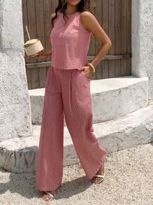 DAZY Conjunto de top de tirantes finos a rayas y pantalones para mujer, conjunto informal de 2 piezas de verano, ropa de vuelta al colegio - Rojo - Ver 5