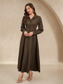 EMERY ROSE Elegant Commute Solid Color Lantern Sleeve Dress, Autumn Maxi Women Outfit - Coffee Brown - View 4