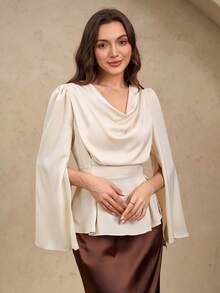EMERY ROSE Women's Solid Color Lapel Split Long Sleeve Elegant Blouse, Autumn Peplum Top - Apricot - View 4