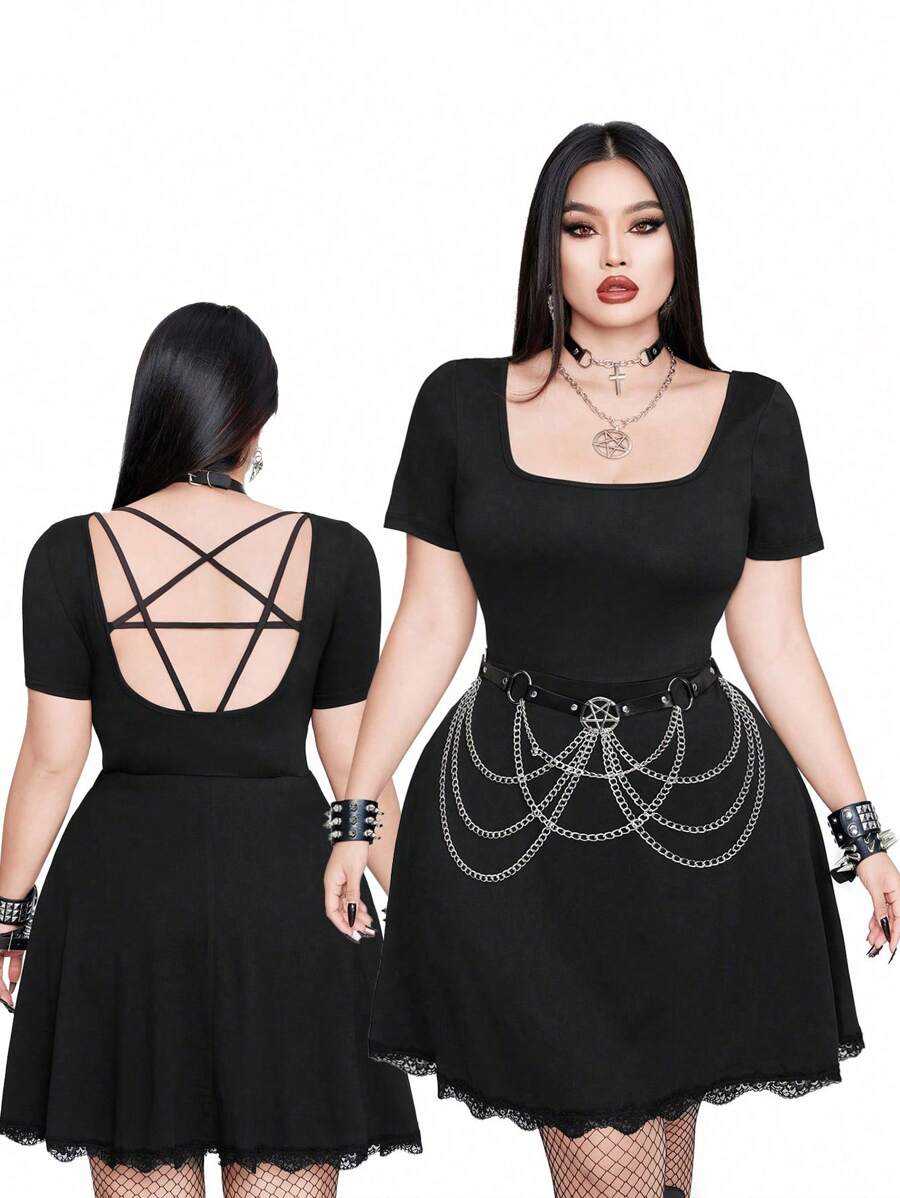 Whyspr Casual Punk Large Size Spring And Summer Dark Sexy Slim Fit Casual Versatile Bold Avant-Garde Round Neck Back Leak Back Star Cross Tie High Waist Slimming Lace Patchwork Hem Daily Dress Suitable For Independence Day Holiday Clothing