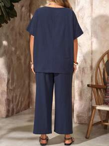 EMERY ROSE Conjunto de 2 piezas de talla grande para mujer con blusa de manga murciélago de cuello redondo azul marino y pantalones con bolsillos para el verano - Azul Marino - Ver 6