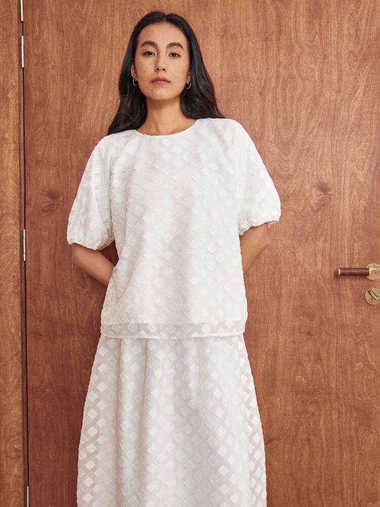 Loose Casual Minimal Office & Commuter Elegant Textured Houndstooth Chiffon Short Sleeve 2pcs Set For Women, Spring & Summer Business Casual Woman