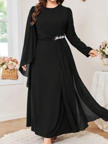 Modelyn Đầm dự tiệc cổ tròn đính đá sang trọng cỡ lớn cho nữ - màu đen - Xem 6