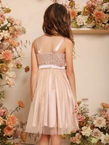 Pitira Pitira Tween Girls Sequin Bodice Mesh Overlay Dress With Belt - Champagne - View 2