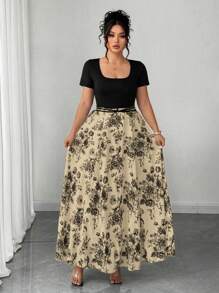 Elenzga Plus Size Women Square Neck Water-Print Casual Dress Filipiniana - Khaki - View 5