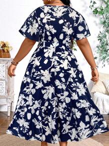 SHEIN Plus Size Holiday Floral Print Dress Maxi Women Outfit - Navy Blue - View 2
