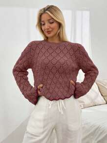 SHEIN Cottnline Women Pointelle Knit Round Neck Sweater With Striped Hem - Dusty Pink - View 5