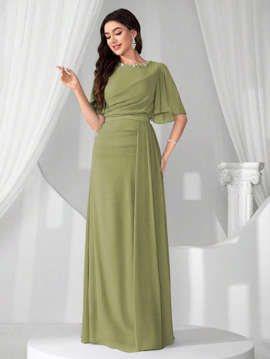 高端晚礼服舞会礼服，带亮片和仿珍珠领，精致淑女优雅奢华礼服 - 草綠色 - 查看 1