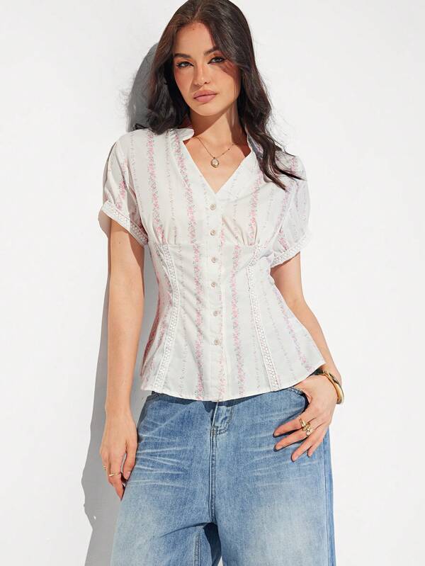 Roylia Women's Elegant & Sweet Lace Print Short Sleeve Shirt