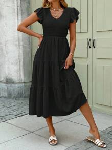 SHEIN LUNE Spring Romantic Date Ruffled & Layered Hem Pink Mid-Length Dress For Women Black Summer Dress Women Black Sundress Women Casual Black Dress Black Vacation Dress Black Beach Dress - Black - View 5