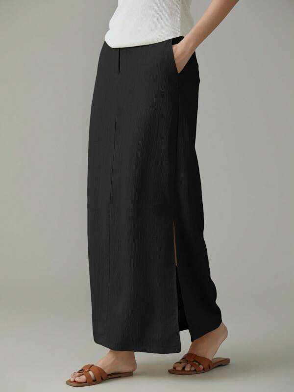 EMERY ROSE Women's Casual Solid Color Button Front Slit Skirt