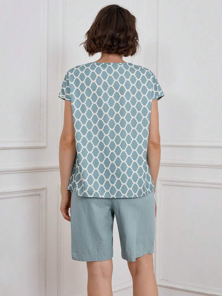 2pcs/Set Daily Casual Vacation Round Neck Short Sleeve Shirt And Shorts, Summer Teacher Outfits For Women Country Style Women's Clothing Going Out Outfits Women Summer Sets Cotton Summer Outfits For Women Casual Summer Outfits For Women Women Blouse And Shorts Set Summer Two Pieces Outfits For Women