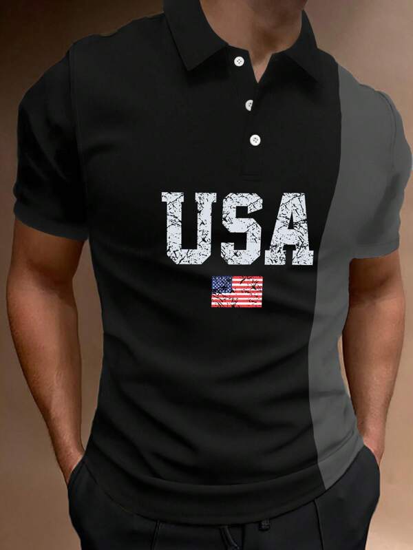 Manfinity Homme Tricou polo bărbătesc cu mânecă scurtă, imprimat simplu, cu SUA și steaguri