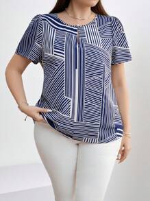 Chikora Plus Size Women Striped Woven Shirt For Summer,Business Casual Woman