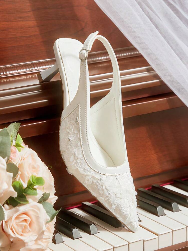 CUCCOO HITCHD 1 Pair White Lace Pointed Toe Cut-Out High Heel Pumps, Bridal & Vacation Vibe For Women For Christmas Elegant Shoes Wedding Shoes Summer Shoes Bride Shoes
