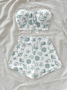 Soleia 女士休闲假日蝴蝶结前短款上衣和紧身短裤套装，适合夏季和度假，海洋动物印花，贝壳印花，复古风格，休闲假日风格，性感风格，可爱，Y2K 椰子女孩，波西米亚风，音乐节，适合夏季 - 白色 - 查看 3