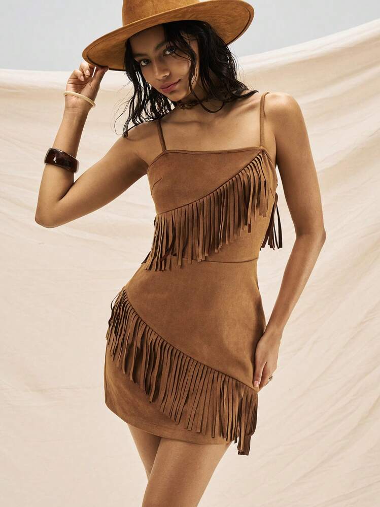 brown suede dress with fringe Brown Southern Fringe Suede Dress  Hippie Vibe Tribe