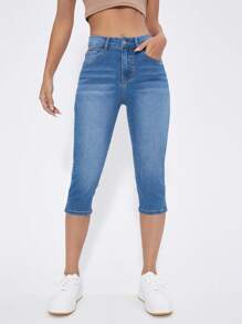 SHEIN Essnce Pantalones capri vaqueros elásticos y casuales con bolsillos para mujer - Azul - Ver 5