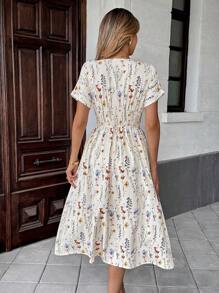 Pariaura Women's Casual Ditsy Floral Cinched Waist Waist Dress, Shirred Floral Mini Dress Women Summer Clothing