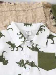 SHEIN Playful Pals 2 件套男婴夏季短袖 Polo 领恐龙印花上衣和纯绿色抽绳短裤，带帽子，可爱的恐龙印花增添俏皮感，适合日常穿着、户外玩耍、学校、度假，风格优雅，适合家庭休闲、运动和派对 - 彩色 - 查看 5