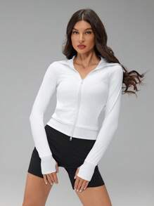 SHEIN Tall Women Solid Color Zip-Up Hooded Slim Fit Breathable Casual Long Sleeve Outdoor Sunscreen Hooded Jacket Sun Uv Protection Jacket,For Daily Wear - White - View 7