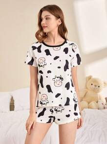 FamilyFrolics Damen Kuh-Muster Rundhals Kurz-Arm Pyjama Set (Top und Shorts)
