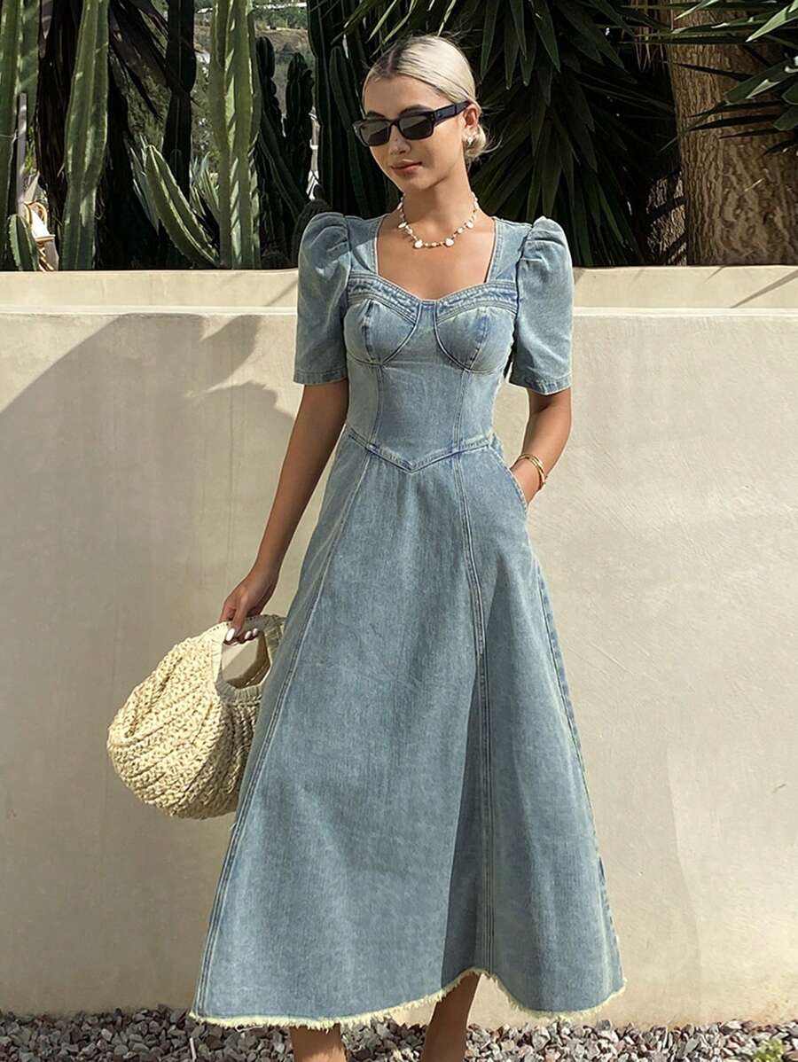 Livesso Vestido vaquero de mujer con cuello cuadrado, mangas de farol y flecos, estilo occidental lavado para el verano