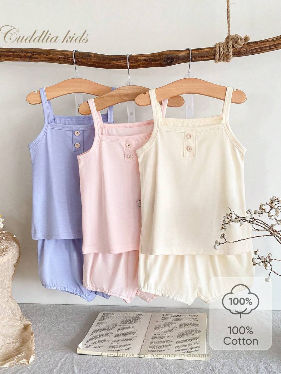 少女6件套文胸内裤套装，简约可爱纯色吊带背心和短裤内衣套装 - 彩色 - 查看 1