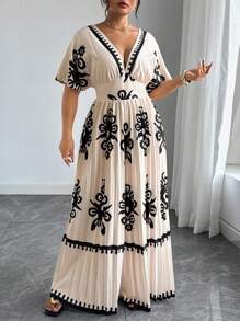 SHEIN Tall Plus Size Women High-Waist Elegant Plaid Ruched Jumpsuit, Suitable For Vacation