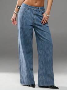 SHEIN Forever 21 Jeans in denim larghi a vita bassa e vita larga nuovi per l'estate, con effetto trascinamento - Lavaggio chiaro - Visualizzare 1
