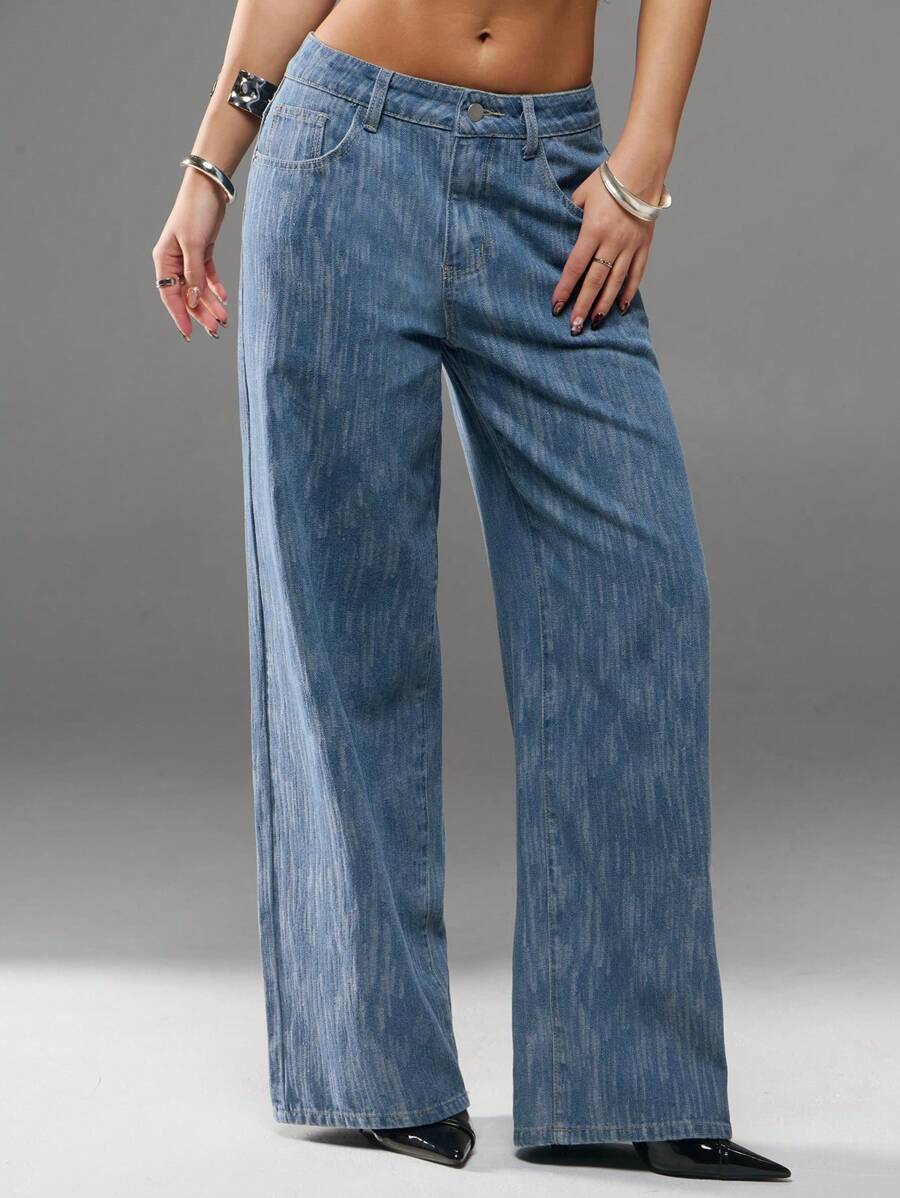 SHEIN Forever 21 Jeans in denim larghi a vita bassa e vita larga nuovi per l'estate, con effetto trascinamento - Lavaggio chiaro - Visualizzare 1