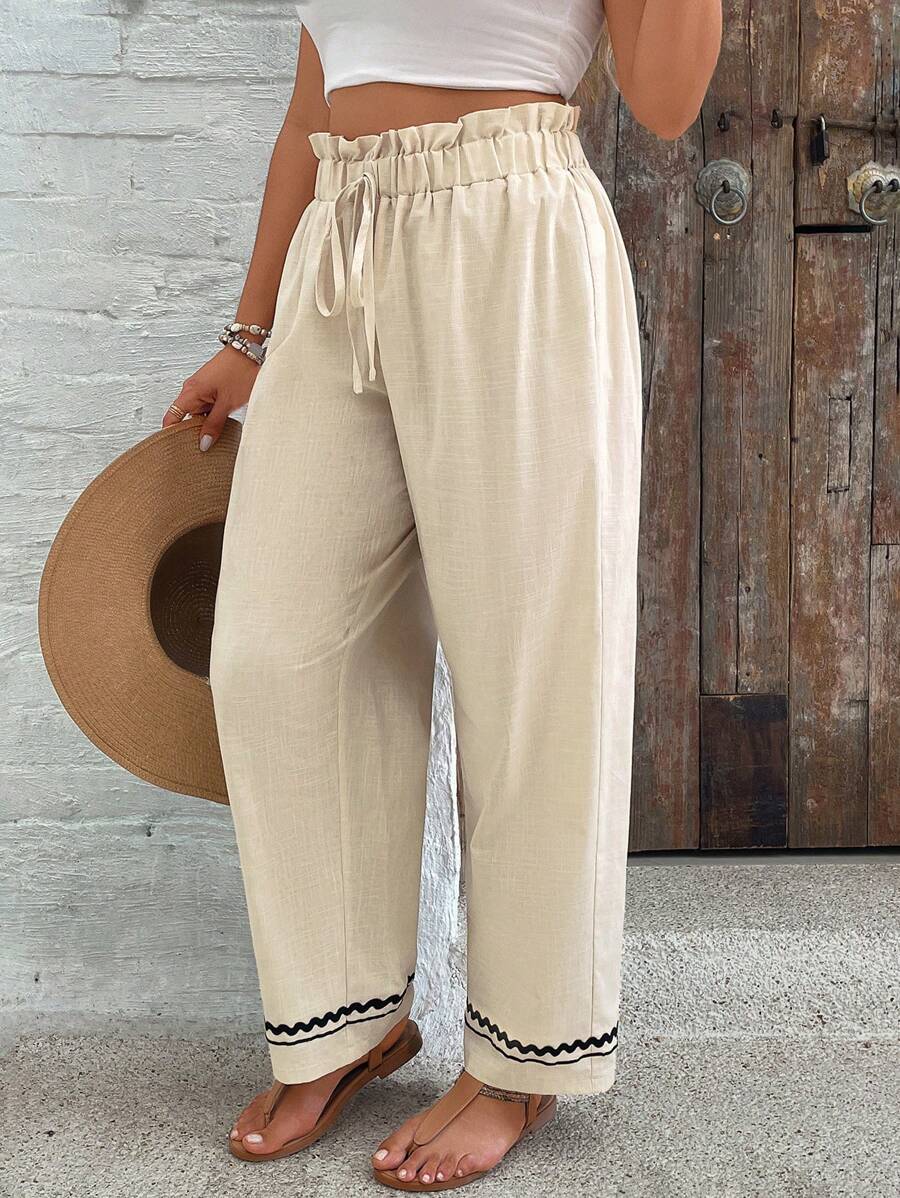 SHEIN VCAY Plus Size Drawstring High Waist Casual Loose Wide Leg Pants - Apricot - View 1