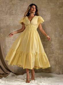 Roveilla Plus Size Deep Yellow V-Neck Romantic Ruffle Hem Flared A-Line Dress