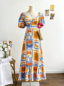 Soleia Đầm Maxi dự tiệc thường ngày họa tiết trái cây và cua nhiều màu sắc cho nữ, tay bồng, viền xếp nếp, lãng mạn, màu cam, họa tiết hoa nhiệt đới xanh lam, mùa hè - Nhiều màu - Xem 1