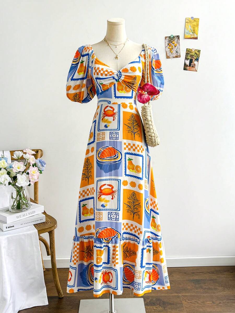 Soleia Đầm Maxi dự tiệc thường ngày họa tiết trái cây và cua nhiều màu sắc cho nữ, tay bồng, viền xếp nếp, lãng mạn, màu cam, họa tiết hoa nhiệt đới xanh lam, mùa hè - Nhiều màu - Xem 1