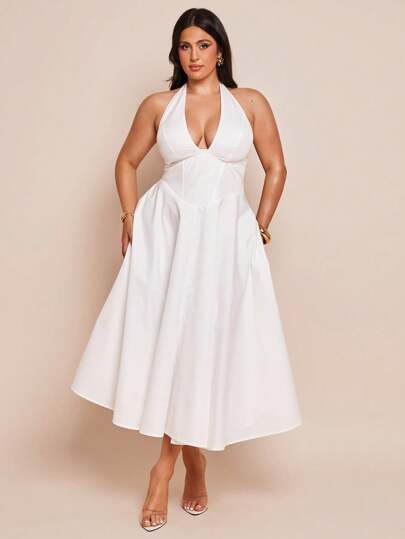 SHEIN BAE 大码女式性感优雅提花露背连衣裙，适合日常穿着、外出、约会、下午茶、度假、春夏季、俱乐部服装女士性感、婚礼宾客礼服女士