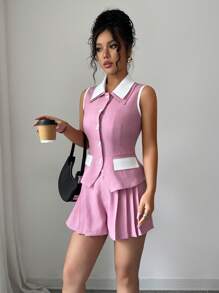 SHEIN Clasi 2pcs/Set Women Sleeveless Elegant Chiffon Top And Shorts/Skirt Suit - Pink - View 3