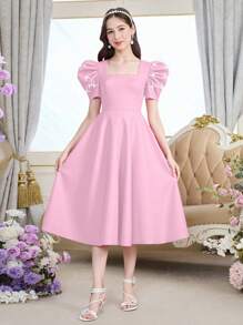 Teen Girl Red Beaded Puff Sleeve Backless Bow Design Fashion Retro Sweet Elegant Princess Dress