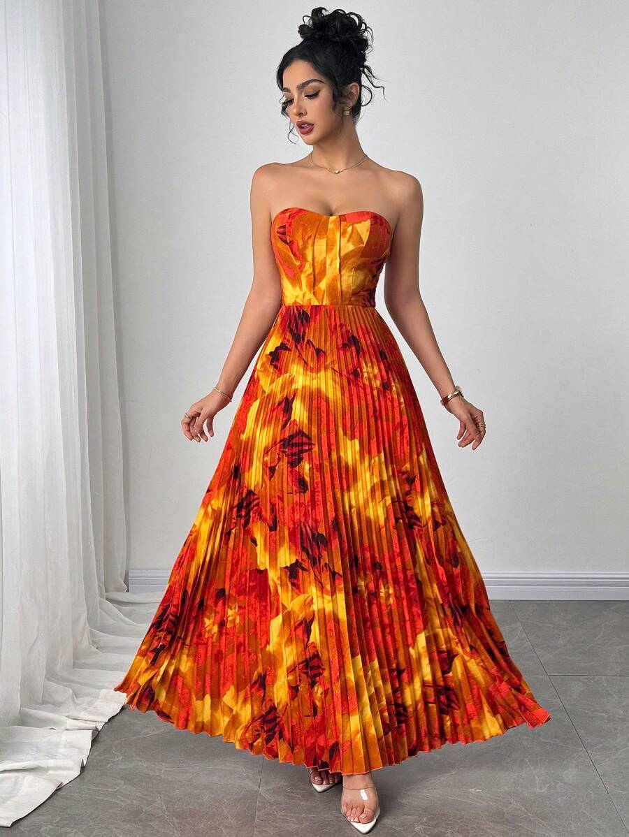 Elenzga Vestido estampado de mujer con pliegues que ciñen la cintura tipo top bandeau - Naranja - Ver 1