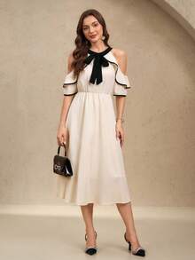 EMERY ROSE Vestido elegante de mujer con bloque de color, escote off shoulder, lazo en la cintura y volantes en el bajo, para primavera/verano - Multicolor - Ver 4